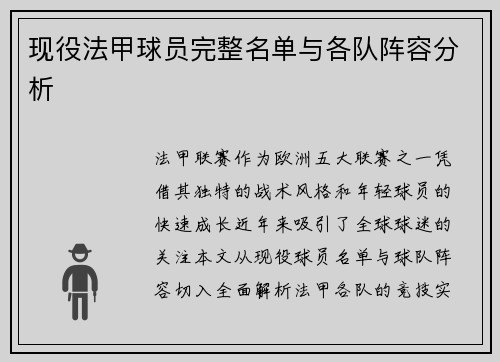 现役法甲球员完整名单与各队阵容分析